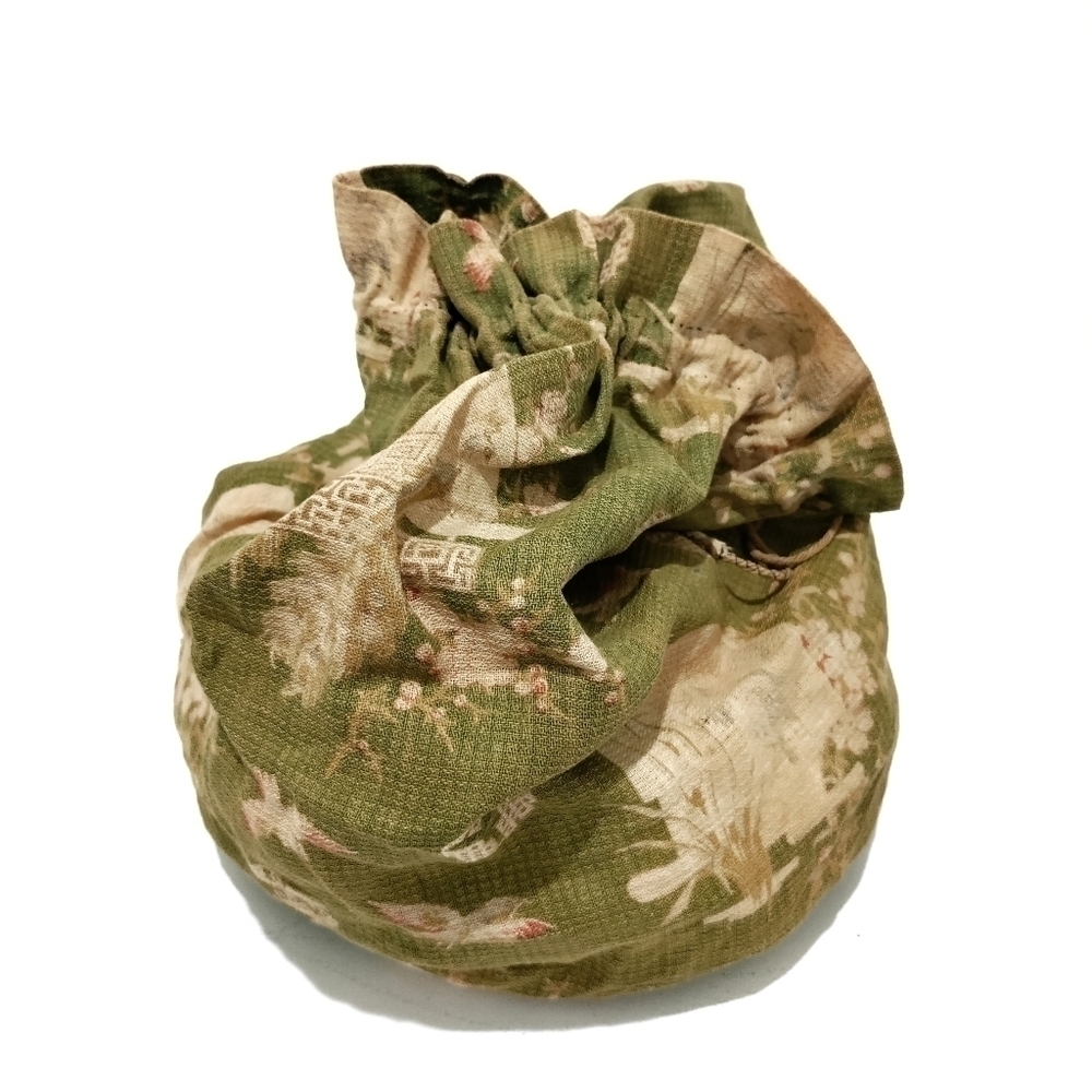 TRUE VINTAGE Drawstring Bag 1920 Green Floral Cotton Jewelry Pouch